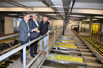 Werner und Matthias Fleischmann lassen sich von Benno Neff die Sortieranlage für Äpfel erklären, die automatisch Grössen, Farben, Gewicht und Mängel erkennt und für die Bauern die detaillierten Abnahmemengen mit Preis errechnet.
